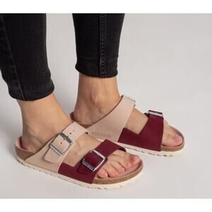 Birkenstock Arizona Split Sandals Beige & Maroon Nubuck Leather Women’s 40/9.5